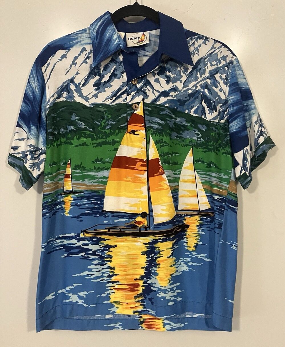 Vintage Hobie Men’s Rayon Polo Shirt Sailboat AOP Sz S Made In USA